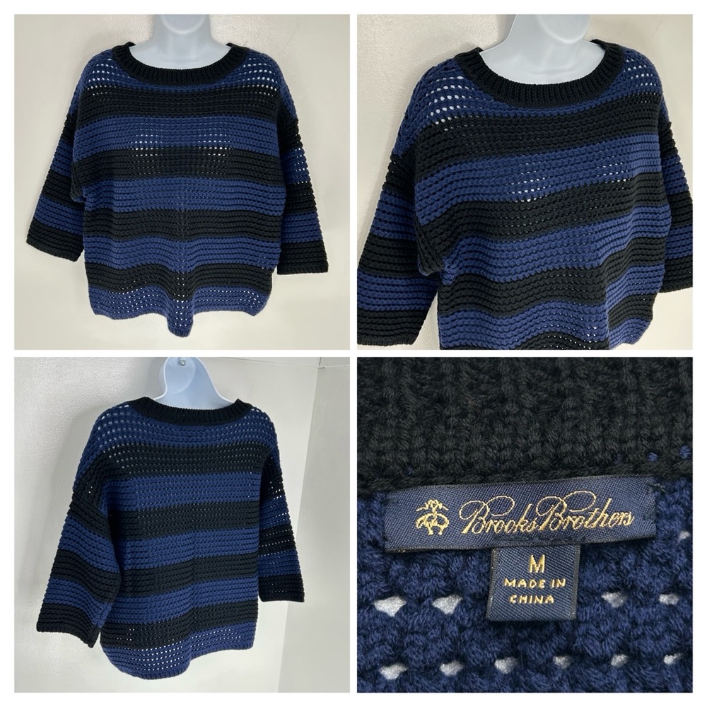 Brooks Brothers Sweater Womens Medium Blue‎ Black Striped Chunky Knit Crewneck